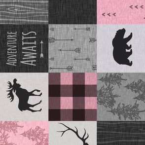 Adventure Awaits Quilt - pink, black, grey - ROTATED 