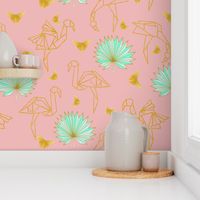 Gold Origami Flamingos * Palms * Butterflies (powder pink)