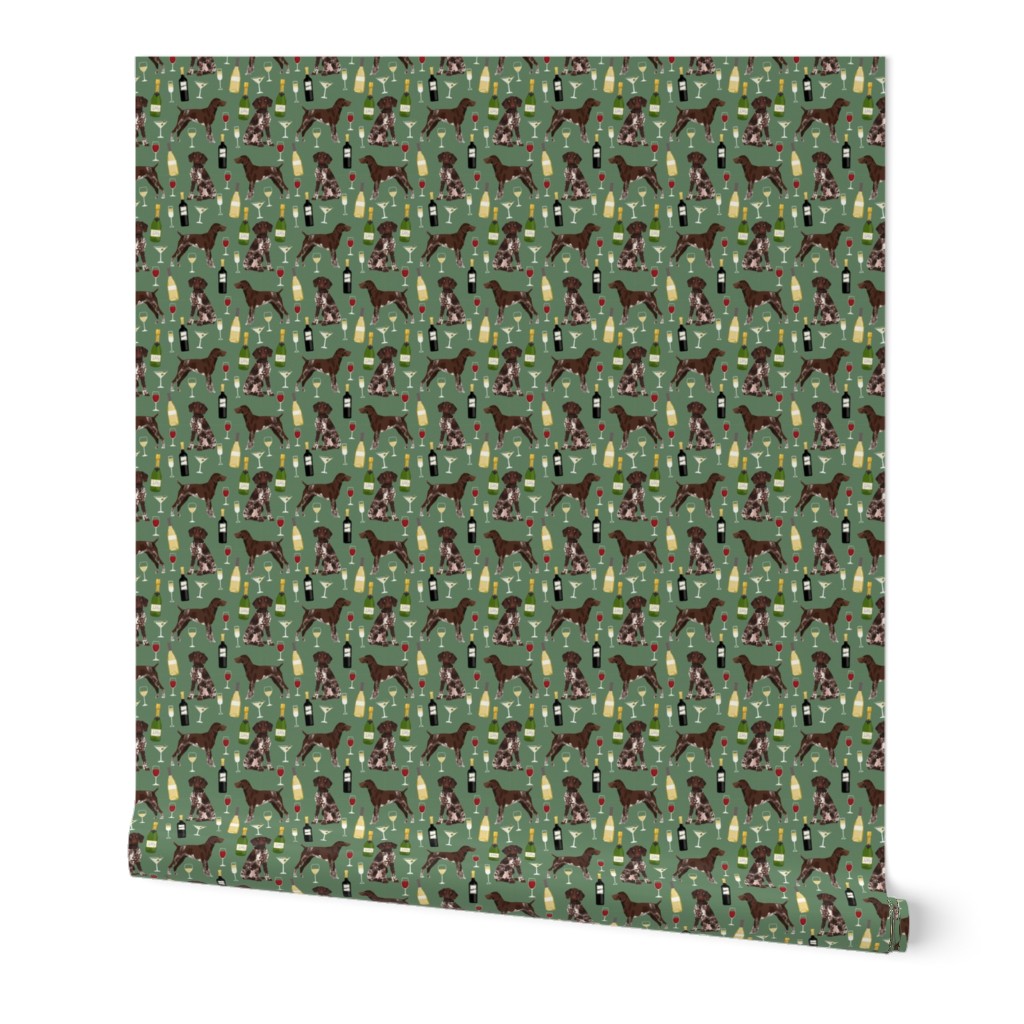 german shorthaired pointer dog fabric - german shorthaired wine, champagne, bubbly, fabric - dark green