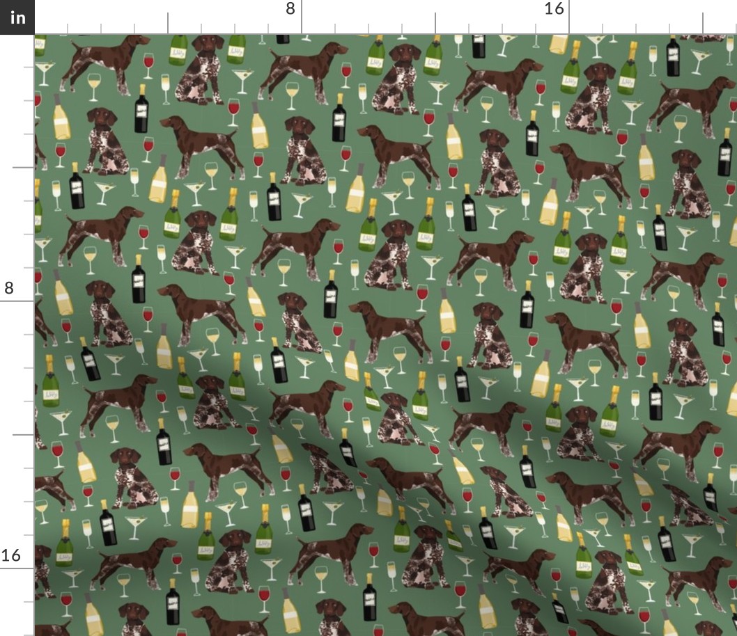 german shorthaired pointer dog fabric - german shorthaired wine, champagne, bubbly, fabric - dark green