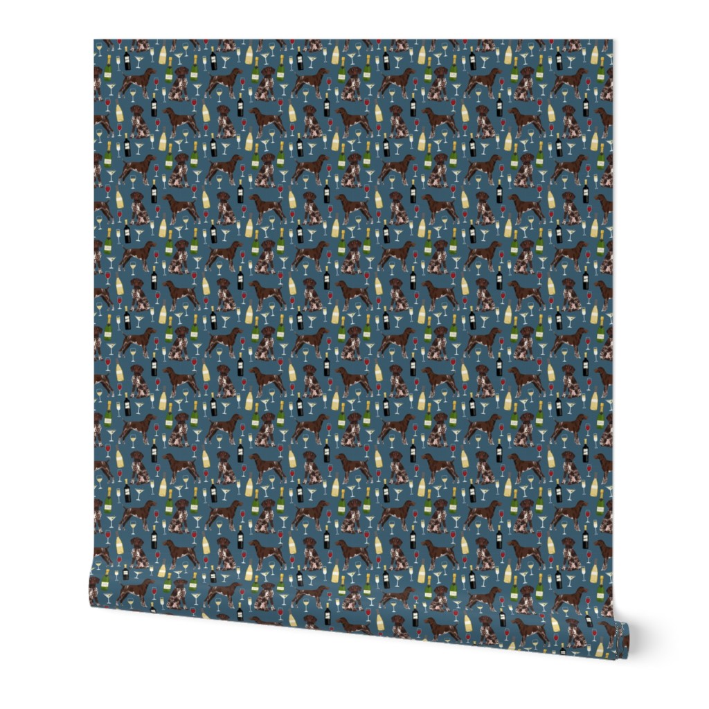 german shorthaired pointer dog fabric - german shorthaired wine, champagne, bubbly, fabric - dark blue