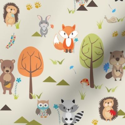 Cute Woodland Animals on Cream - MEDIUM Scale