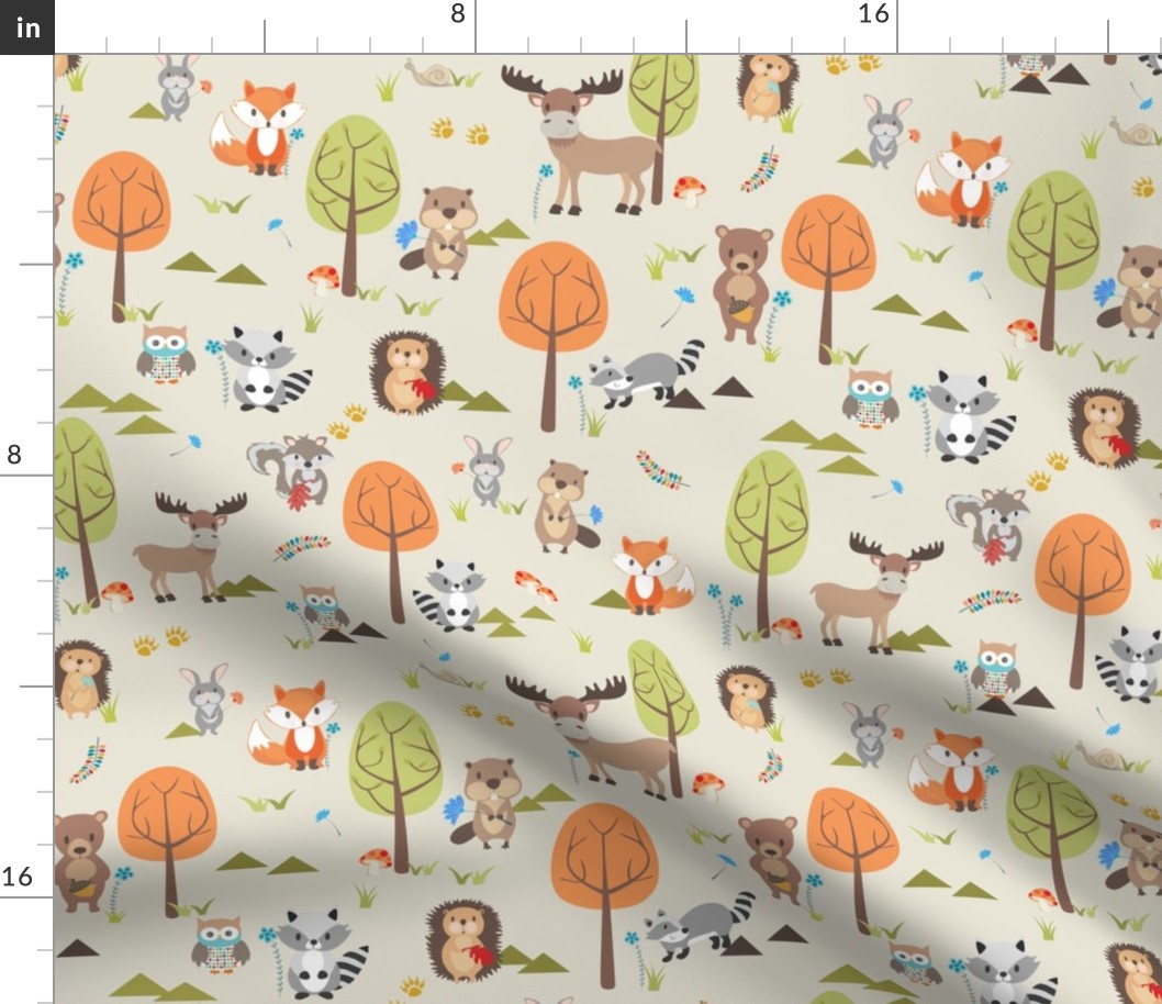 Cute Woodland Animals on Cream - MEDIUM Scale