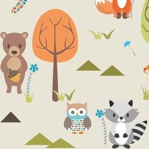 Cute Woodland Animals on Cream - LARGE Scale