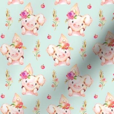 Miss Piglet - Baby Girl Pig with Flowers & Apples, Soft Mint