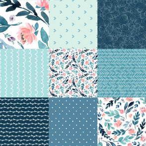 Blues Floral Quilt Panel ROTATED- Cheater Quilt, Patchwork Blush Peach Mint Watercolor Peonies & Teal/Blue Leaves. Ginger Lous