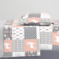 fearfully and wonderfully made - patchwork woodland nursery fabric - salmon peach and grey 