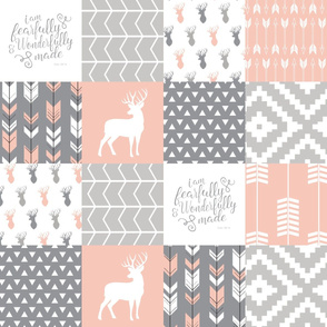 fearfully and wonderfully made - patchwork woodland nursery fabric - salmon peach and grey 