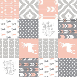 fearfully and wonderfully made - patchwork woodland nursery fabric - salmon peach and grey  (90)