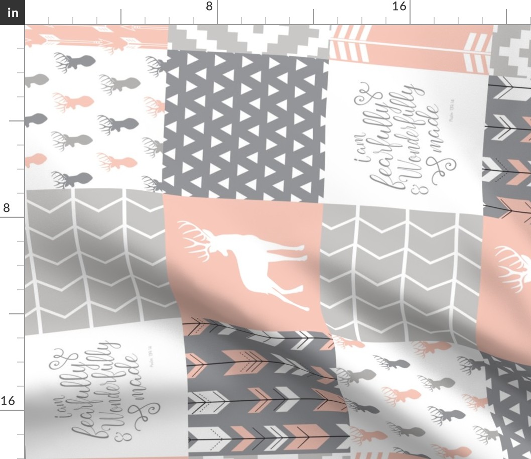 fearfully and wonderfully made - patchwork woodland nursery fabric - salmon peach and grey  (90)