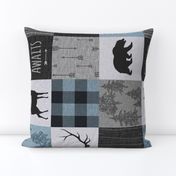 Adventure Awaits Quilt-deer no moose- Blue, grey, black - ROTATED 