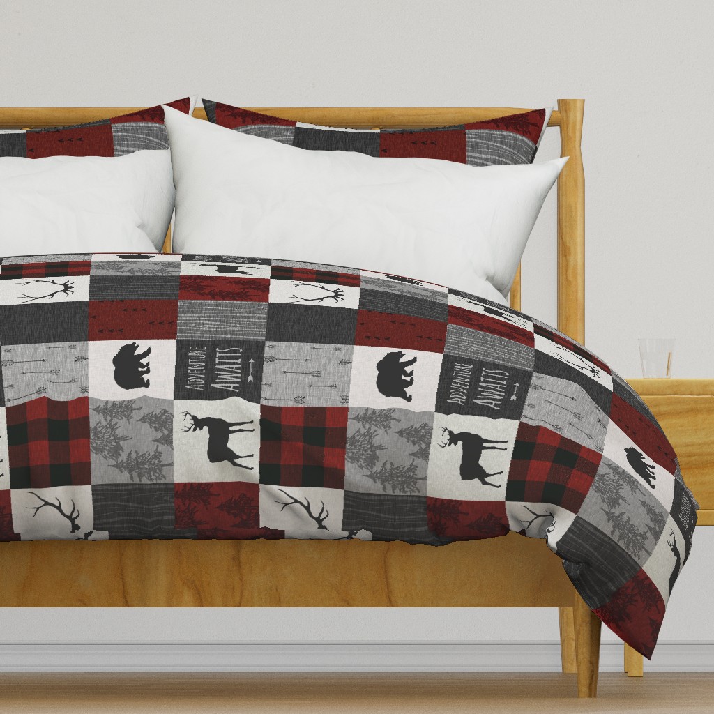 Adventure Awaits Quilt- no moose - Red, Black, grey,  cream - ROTATED 