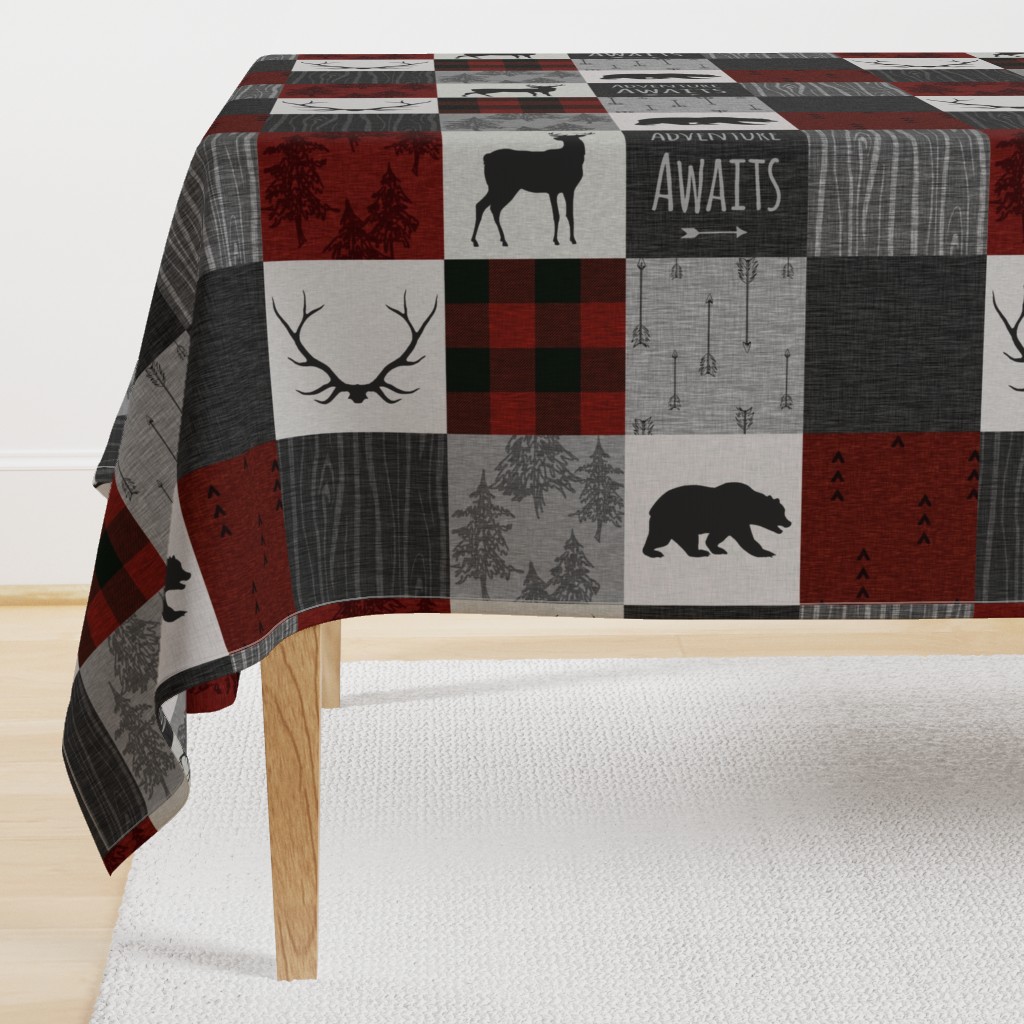 Adventure Awaits Quilt- no moose - Red, Black, grey,  cream - ROTATED 