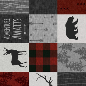 Adventure Awaits Quilt- no moose - Red, Black, grey,  cream - ROTATED 