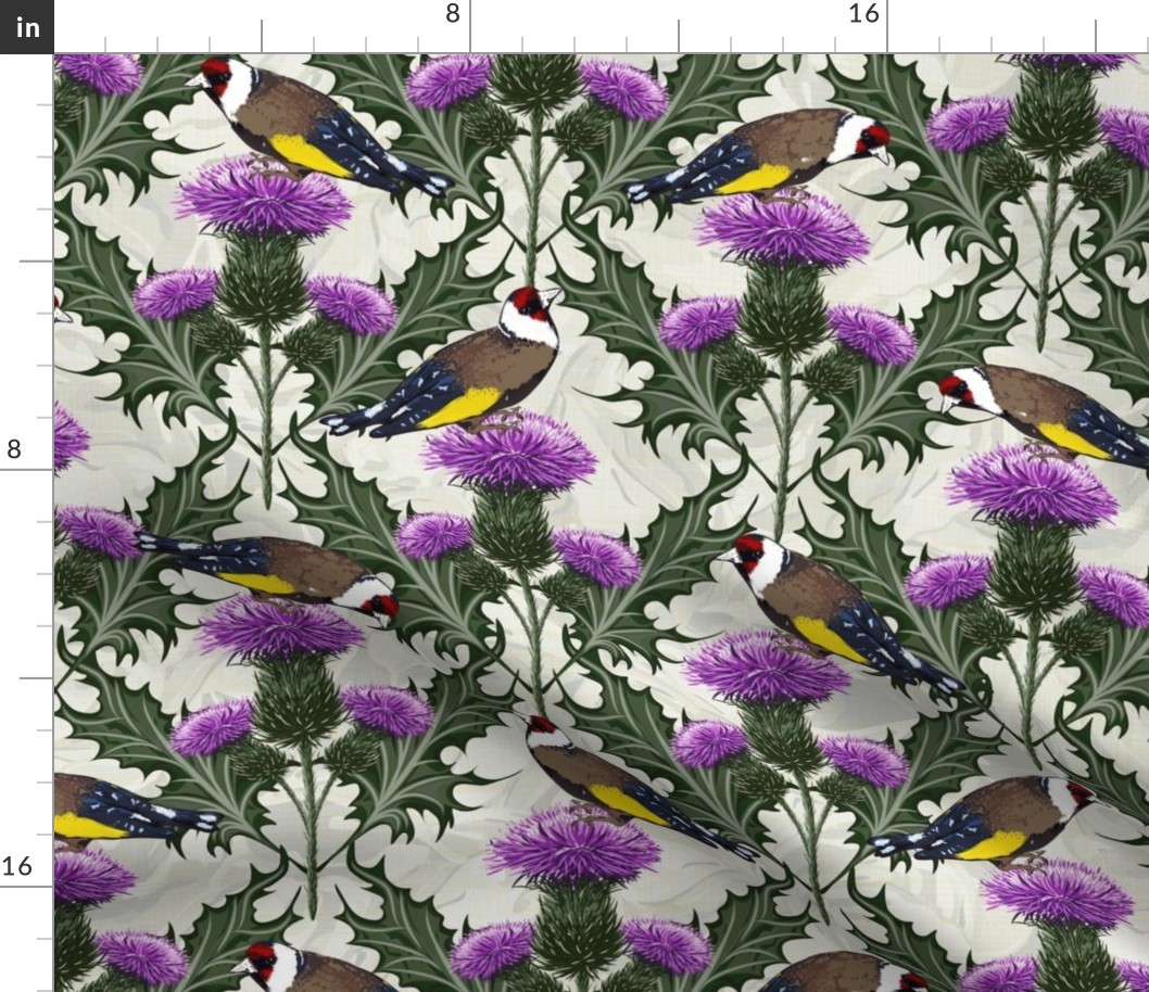 Highland Floral, English Floral, Purple Scottish Thistle Flower, Native Goldfinch Birds, Victorian Birds Design, Modern Arts and Crafts Craftsman Inspired, Highland Floral Purple Thistle, Victorian Native Birds Design, Modern Arts and Crafts Craftsman Sco