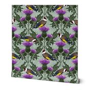 English Floral, Native Goldfinch Birds, Craftsman Inspired, Traditional Scottish Heraldry Symbol, Dark Green Floral, Royal Symbol of Scotland, Ancient National Flower, Painterly Thistle Floral, Traditional Highland Cottage Goldfinch Birds, Scottish Highla