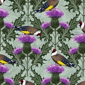 English Floral, Native Goldfinch Birds, Craftsman Inspired, Traditional Scottish Heraldry Symbol, Dark Green Floral, Royal Symbol of Scotland, Ancient National Flower, Painterly Thistle Floral, Traditional Highland Cottage Goldfinch Birds, Scottish Highla