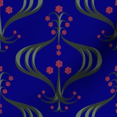 Romantic Dark Floral Luxe Baroque Style, Tiny Abstract Flowers Royal Blue Green Raspberry Red