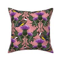 Decorative Arts Modern Victorian Design, Arts and Crafts Highland Birds, Purple Scottish Thistle Flower, Scotland Highland Ancient Flower Heraldry Symbol