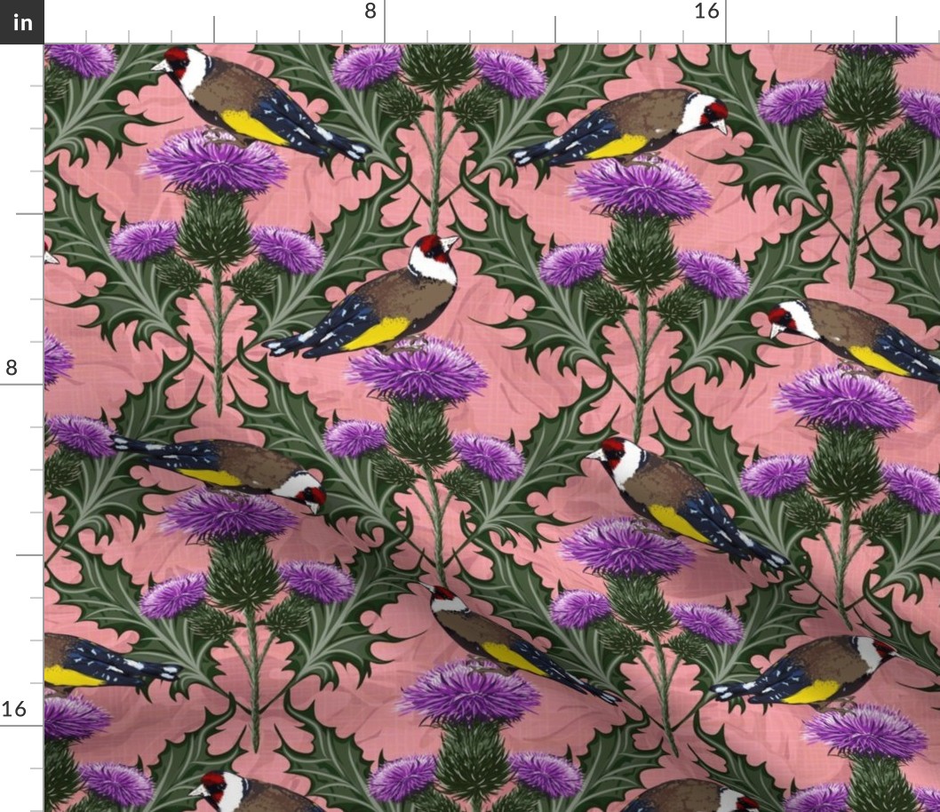 Decorative Arts Modern Victorian Design, Arts and Crafts Highland Birds, Purple Scottish Thistle Flower, Scotland Highland Ancient Flower Heraldry Symbol