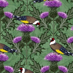 Colorful Green Purple Scottish Thistle Flower with Colorful Yellow Brown Finches Birds, Historical Victorian Morris Arts and Crafts Style, Scotland Highland Ancient Flower Heraldry Symbol, Highland Floral, English Floral, Purple Scottish Thistle Flower, N