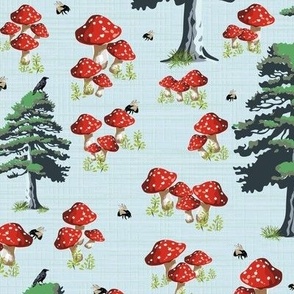 Magical Flying Bumble Bee, Mushroom Forest Floor, Whimsical Busy Bees, Black Bird Watching over Green Pine Trees, Magical Bumblebee Enchanted Forest, Whimsical Bees, Blackbird Watching Busy Bees, Green Pine Trees, White Cap Red Mushroom Forest Floor 