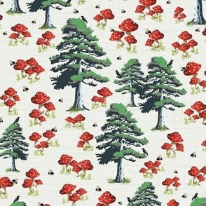 Magical Red White Cap Mushroom Forest Floor, Whimsical Busy Bees Flying Bumble Bee, Magical Black Bird Watching over Green Pine Trees, Flying Bumblebee, Mystical Magical Black Birds Watching Over Pine Trees, Enchanted Mushroom Toadstool Whimsical Scene