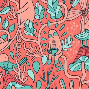 Coral sloths fabric pattern design