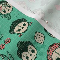 Rockabilly kawaii tattoo skulls, birds, cute heart, card suits 