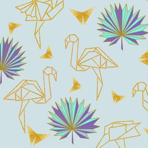 Gold Origami Flamingos * Palms * Butterflies (wan blue)