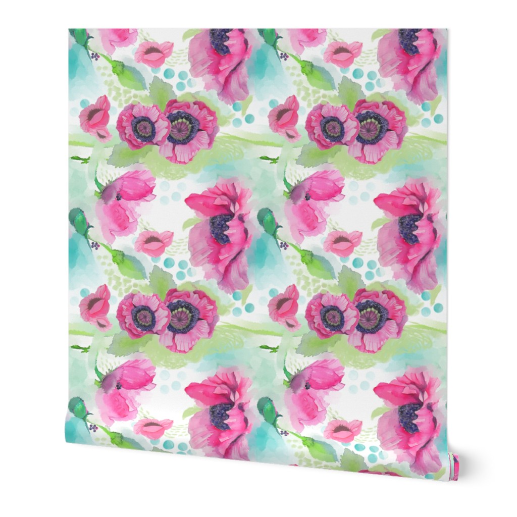 Poppies Floral Flowers Watercolor Painted Teal Pink Gray Dots Flowing