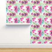 Poppies Floral Flowers Watercolor Painted Teal Pink Gray Dots Flowing