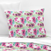 Poppies Floral Flowers Watercolor Painted Teal Pink Gray Dots Flowing