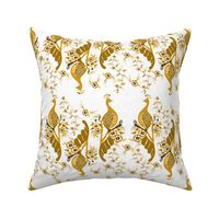 Monochrome Golden Peacock, Peacock Feather, Gold flowers, Regal,  Flock of birds,  White and Gold