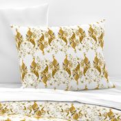 Monochrome Golden Peacock, Peacock Feather, Gold flowers, Regal,  Flock of birds,  White and Gold