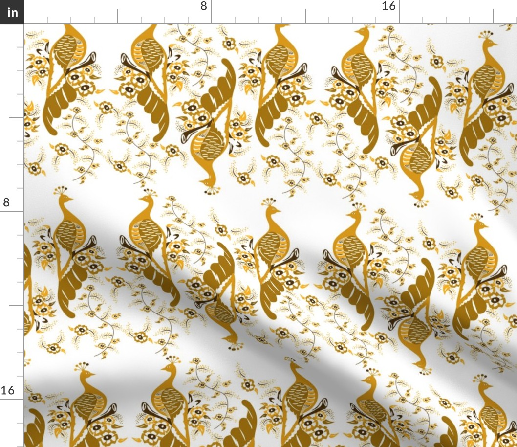 Monochrome Golden Peacock, Peacock Feather, Gold flowers, Regal,  Flock of birds,  White and Gold