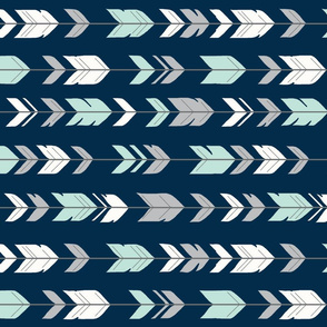 Arrow Feathers- Mint and grey on navy - R