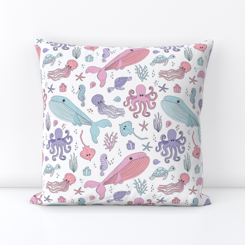 Pastel Ocean Marine Sea Creatures - Cute Octopus Whale Seahorse Sea Turtle