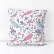 Pastel Ocean Marine Sea Creatures - Cute Octopus Whale Seahorse Sea Turtle