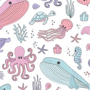 Pastel Ocean Marine Sea Creatures - Cute Octopus Whale Seahorse Sea Turtle