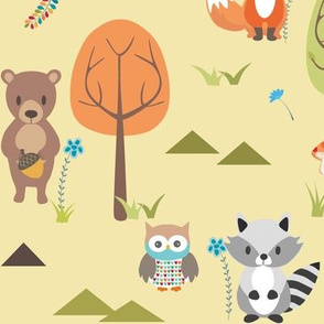 Cute Woodland Animals on Yellow - LARGE Scale