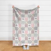 Bear Cheater Quilt Top - Patchwork Woodland Wholecloth Baby Blanket Fabric, Pink & Gray