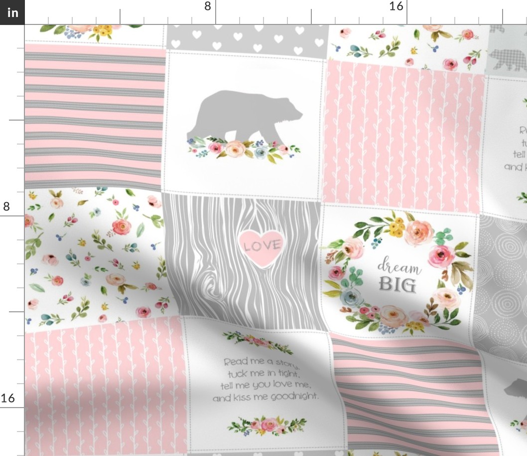 Bear Cheater Quilt Top - Patchwork Woodland Wholecloth Baby Blanket Fabric, Pink & Gray