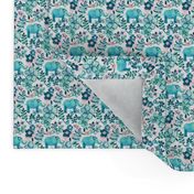 Tiny Teal Elephant Watercolor Floral on White