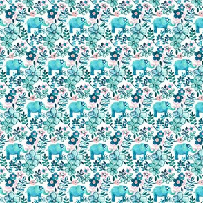 Tiny Teal Elephant Watercolor Floral on White