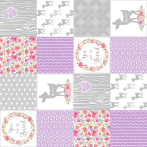 Fawn Cheater Quilt Top – You Are So Loved – Gray Lilac Lavender Fawn Baby Girl Patchwork, ROTATED