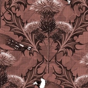 Ornate Floral Scottish Thistle, Decorative Arts Floral, Brown Monochrome Finches Birds, Modern Scottish Heraldry, Classic Victorian Design Goldfinch Birds, Victorian Birds Design, Modern Arts Crafts Craftsman Inspired, Traditional Scottish Heraldry Symbol