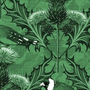 Highland Green Monochrome Scottish Thistle Flowers, Dark Green Decorative Arts Scottish Decor, Scotland Floral Emblem Thistle Flower Pattern, Decorative Bird Pattern, Playful Birds, Bird and Flowers Design, Dark Green Emerald Toile, Scottish Floral Art Cr