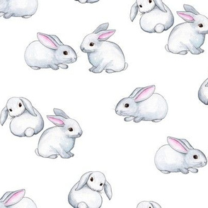Little White Rabbits with Pink Ears in Watercolor - small version