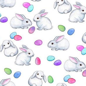 Easter Bunnies with Rainbow Pastel Eggs on white